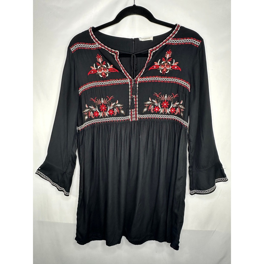 Beachlunchlounge Black Embroidered Boho Tassel Tunic Top Bell Sleeve Women Boho